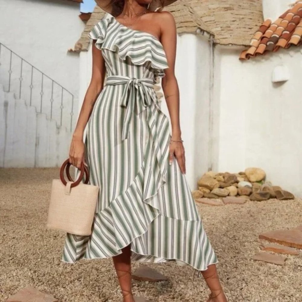 Striped ruffle hem belted one shoulder midi dress Boho - Picture 5 of 6
